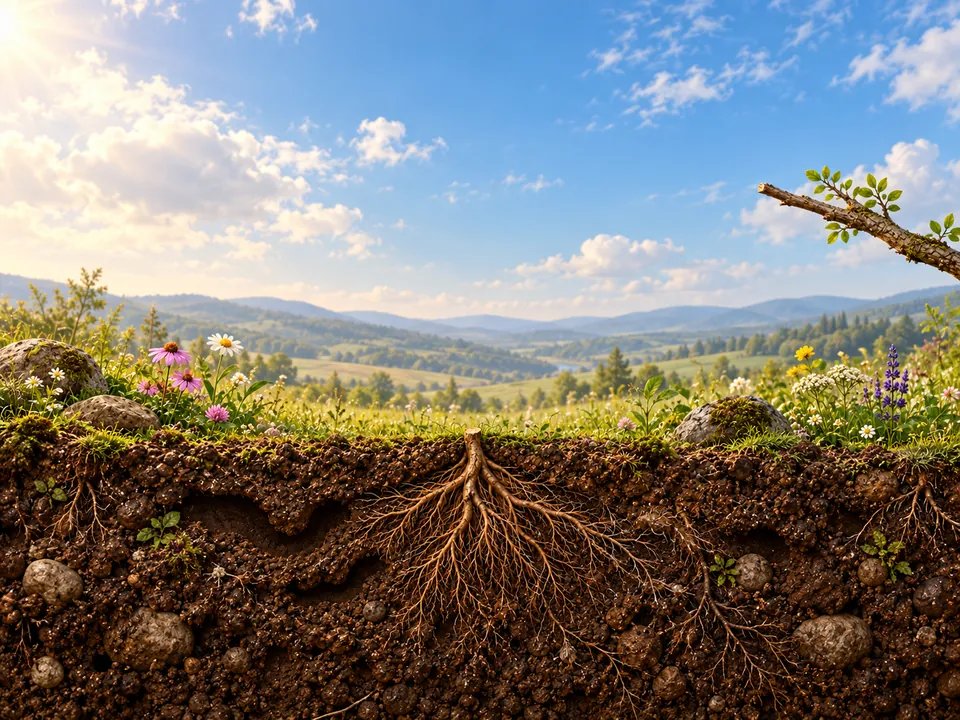 An original 3D ecological scene: earthworms in healthy soil, a rooted sapling, a honeybee by wildflowers, a butterfly and a perched bird.