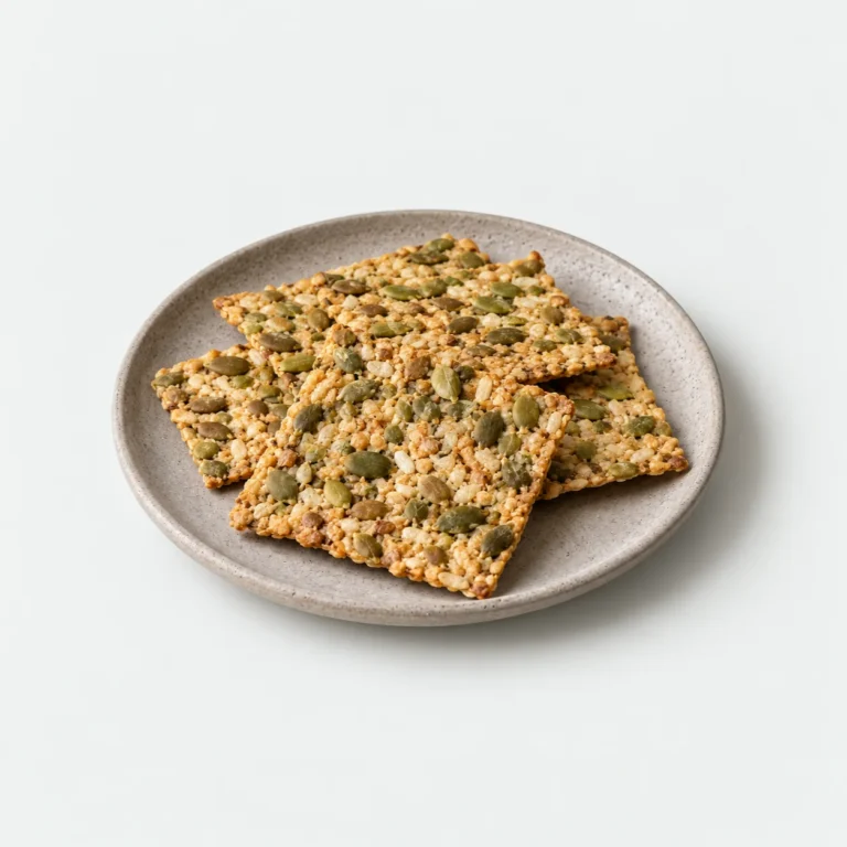 Pumpkin-seed and brown-rice crackers on a plain stoneware plate