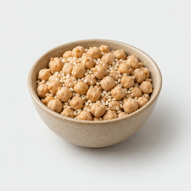 Dry whole chickpeas with sesame seeds in a plain bowl