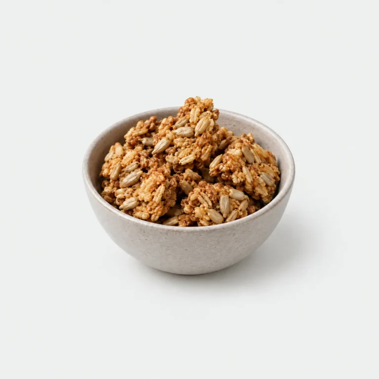 Brown-rice and sunflower-seed clusters in a plain bowl