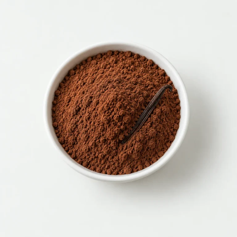 Fine cocoa mix with vanilla bean in a plain bowl
