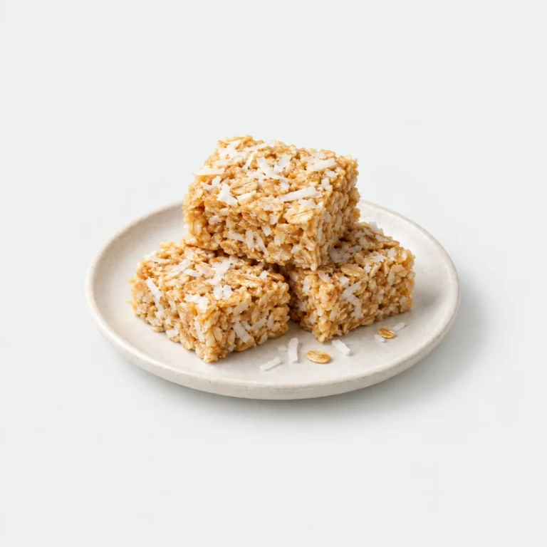 Coconut and oat snack squares on a plain ceramic plate