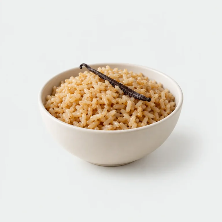 Prepared brown rice with vanilla bean in a plain bowl
