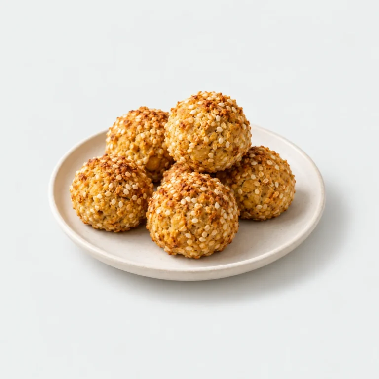 Sesame and chickpea bites on a plain ceramic plate