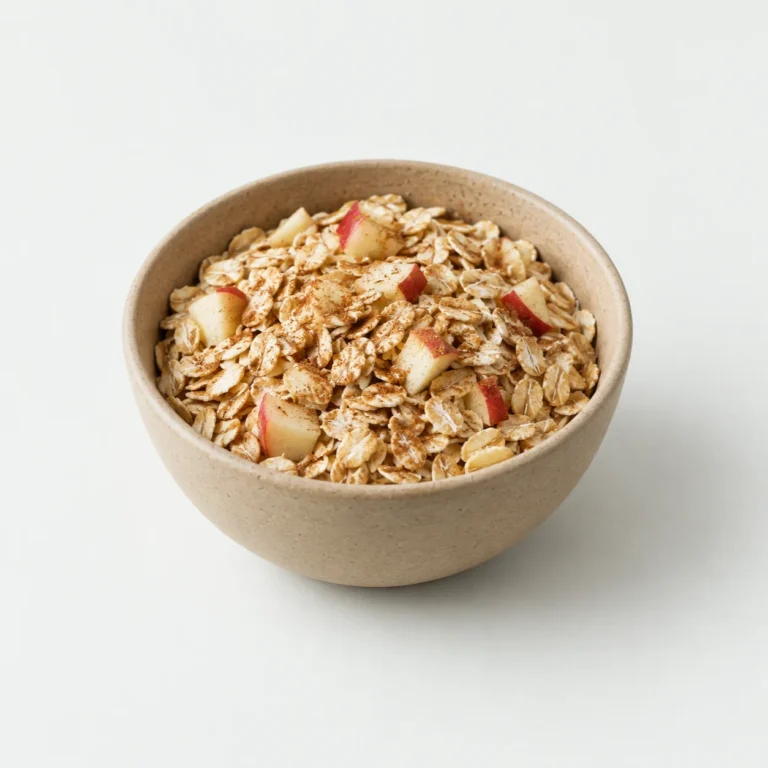 Dry oats with apple pieces and cinnamon in a plain bowl