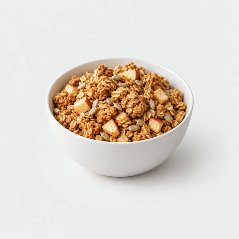 Granola with apple pieces and sunflower seeds in a plain bowl