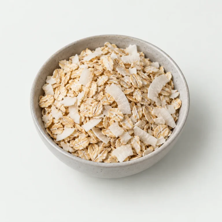 Coarse dry oat and coconut-flake blend in a plain bowl